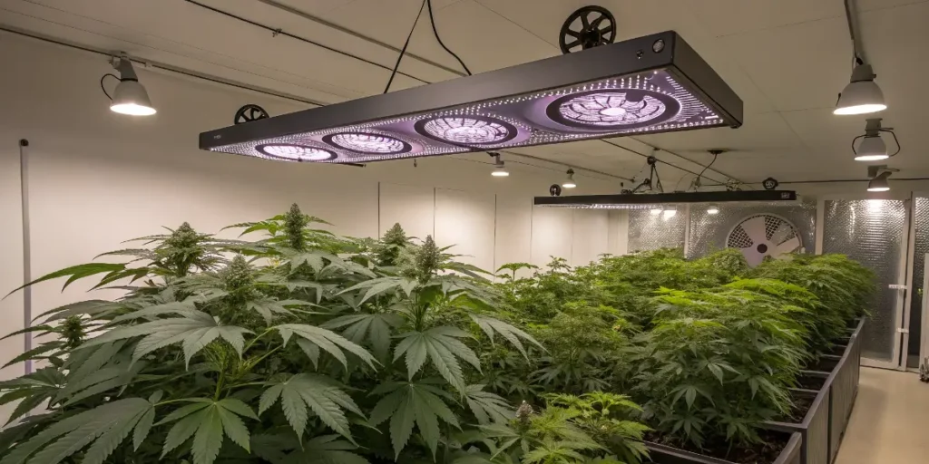 Flowering grape ape cannabis plants illuminated by LED lighting in a clean indoor grow setup.