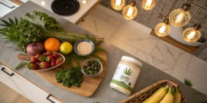 fresh fruits, vegetables, and cannabis powder on kitchen counter for weight loss recipe.