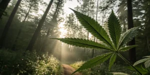 Hemp leaf with morning dew in forest light symbolizing 5 Myths And 5 Truths About CBD: Separating Fact From Fiction.