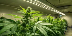 Blue Dream Auto cannabis plants flowering indoors under LED grow lights.