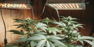 Indoor cannabis grow under LED lights with healthy green plants developing dense buds.