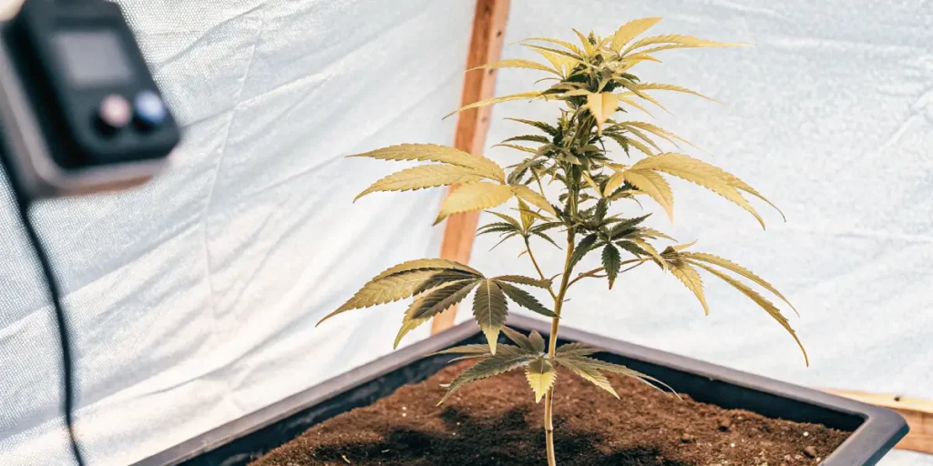 Young LSD Auto cannabis plant developing indoors in soil.