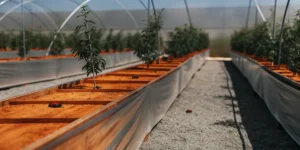 Young cannabis plants growing in a structured outdoor greenhouse with organized planting beds.