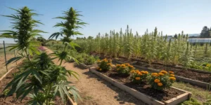 Pineapple dream cannabis plants growing outdoors beside marigold flowers on a sunny day.