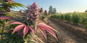 Pink runtz auto plant with vibrant pink buds growing under sunlight in an outdoor field.