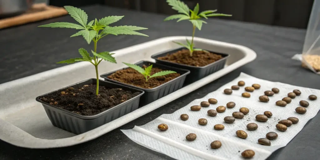 Sherbet queen auto seedling emerging from soil near germinating seeds and seed tray on dark surface.