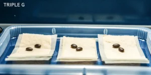 Triple G cannabis seeds germinating using the paper towel method in a plastic tray.