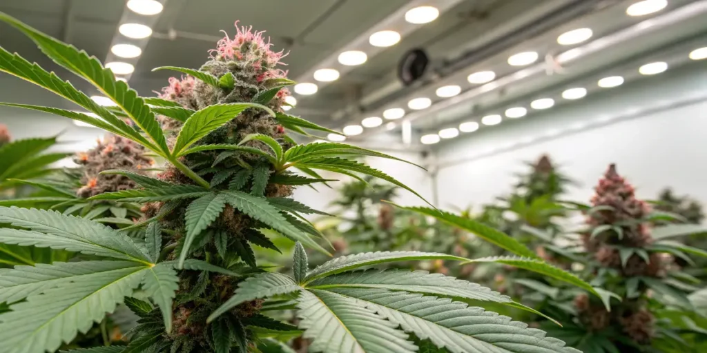 Indoor cannabis plants with resinous buds illustrating CBD and brain health benefits.
