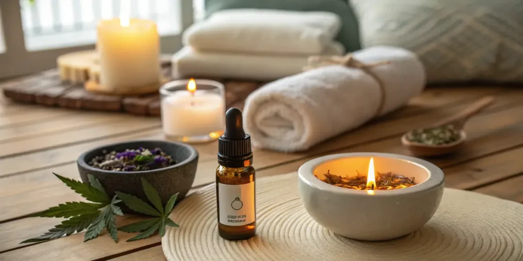 Relaxing spa scene with CBD and Hormonal Balance oil beside candles, herbs, and towels.