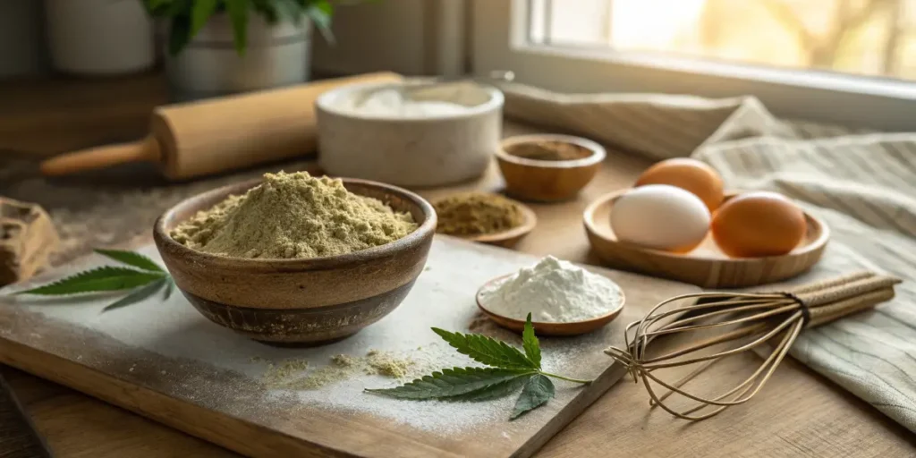 Cannabis flour in a wooden bowl surrounded by baking ingredients and utensils.