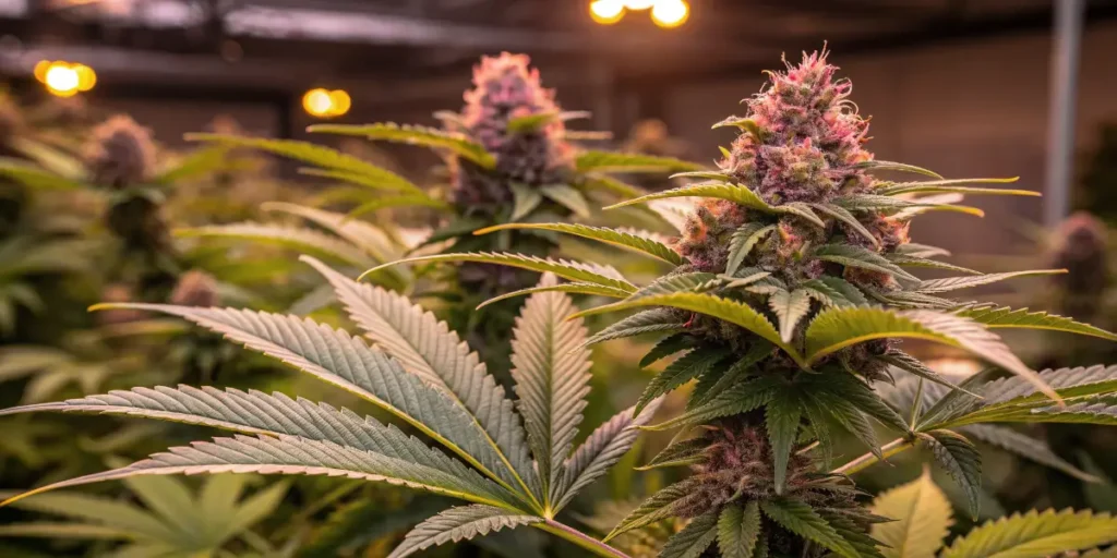 Green Crack buds drying on wooden racks in a controlled room with overhead lighting.