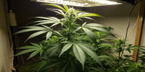 Grizzly Purple Kush plant thriving under LED grow lights with vibrant green leaves.