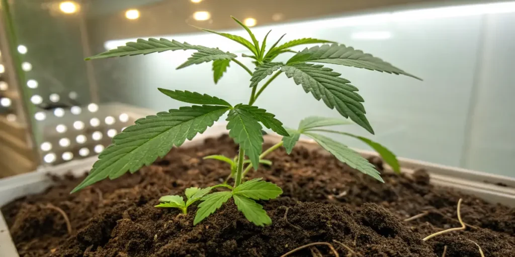Ice Cream Cake Auto seedling sprouting in nutrient-rich soil under bright LED lights.