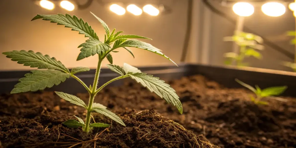 Small Indica Cream cannabis seedling in its first growth weeks with multiple leaf sets