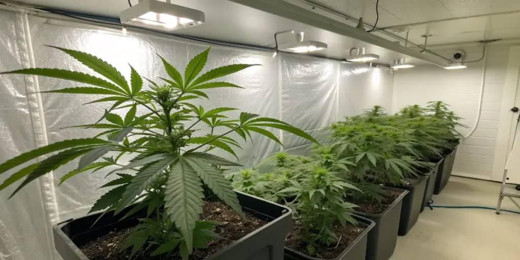 Indoor grow room with Karibbean Mango cannabis plants developing large fan leaves
