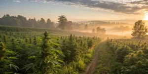 Sunrise over expansive Trema Micrantha CBD plantation in natural environment
