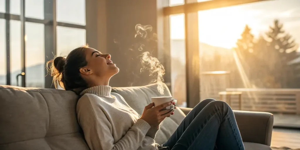 Woman relaxing on a sofa with a cup of tea in warm sunlight.