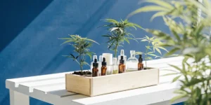 Beginner cannabis plants with CBD oil bottles and skincare products on a wooden table.