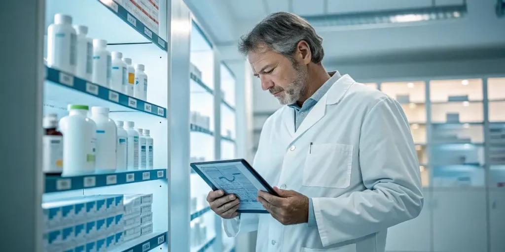 Scientist reviewing pharmaceutical sales reports amid profit decline.