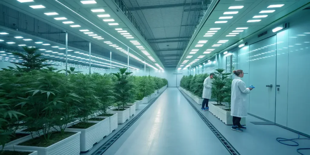 Scientists inspecting cannabis plants in a high-tech facility after BitCanna’s upgrade.
