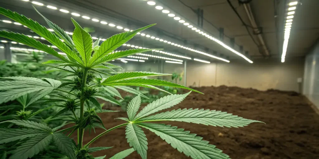 Bubblegum XL cannabis plant during vegetative growth under LED lights.