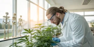 Scientist examining cannabis plant for cannabinoid properties.