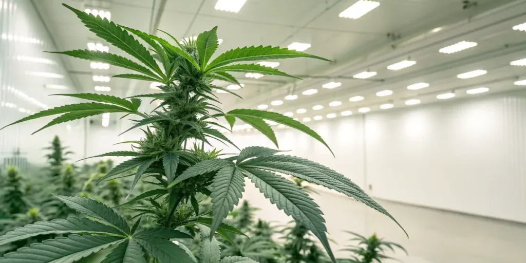 Healthy cannabis plant growing indoors under bright artificial lighting