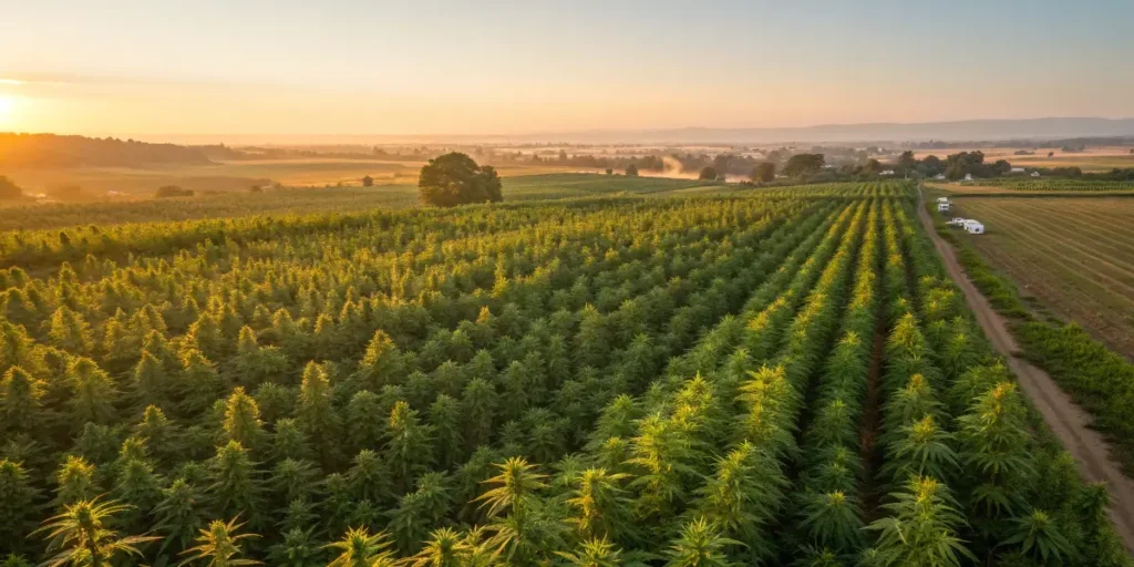 Aerial view of a cannabis farm at sunrise.