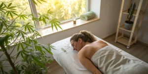 Woman receiving acupuncture therapy surrounded by cannabis plants.