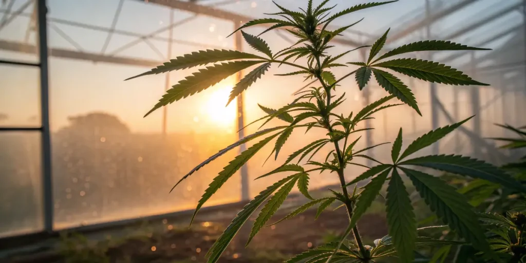 Cannabis plant growing inside a greenhouse at sunrise.