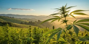 Cannabis plants growing in a sunlit field with mountains in the background.