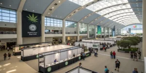 Large Cannabis Cups expo hall with display booths, green banners, and attendees exploring exhibits under bright lighting.