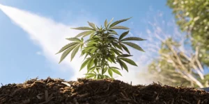 Young cannabis plant thriving in organic mulch under bright sunlight.