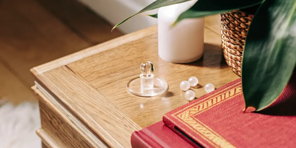 A clear glass carb cap with terp pearls placed on a wooden side table next to a red book.