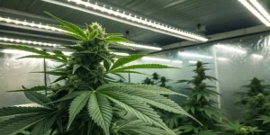 Cookies cannabis plant growing indoors under LED lights during vegetative stage.