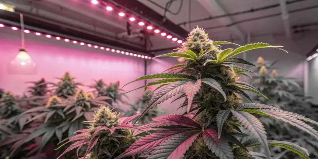 Critical Daddy Purple cannabis buds forming under indoor grow lights.