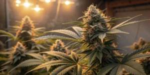 Close view of Critical Kush cannabis buds developing under controlled lighting.