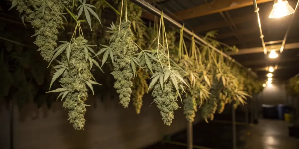 Double Kush Cake Auto cannabis buds drying indoors after harvest.