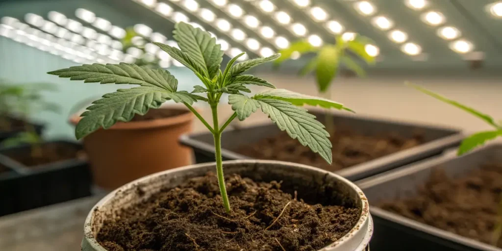 Cannabis seedling under LED lights in an indoor setup.