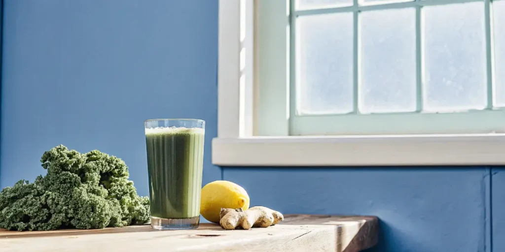 Healthy green juice with kale, ginger, and lemon on a wooden table near a window.
