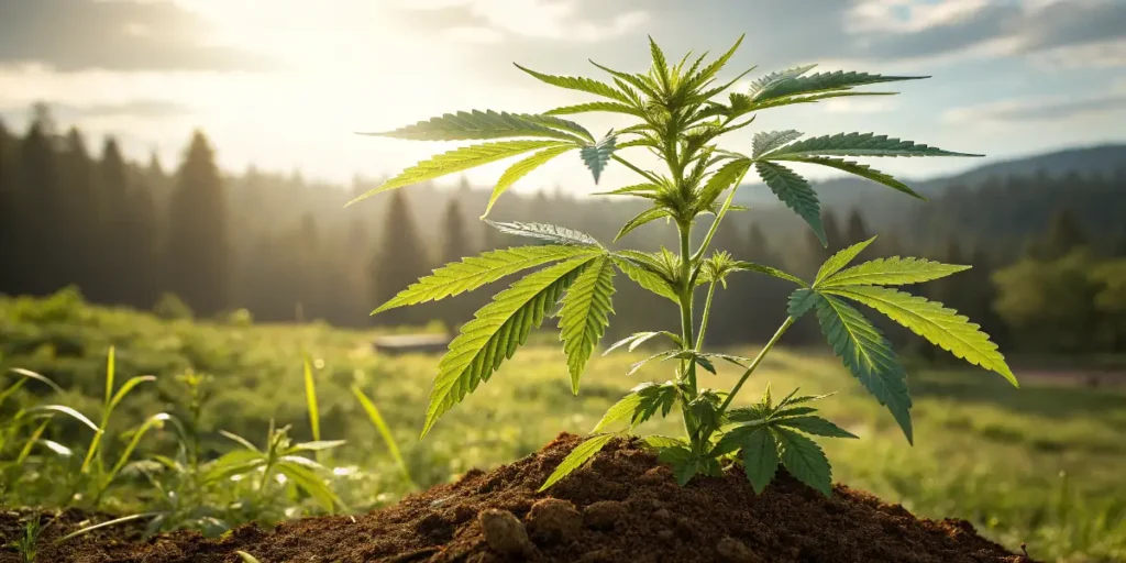 Fruity Pebbles cannabis plant growing outdoors under soft morning light.