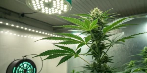 Ghost Train Haze cannabis plant forming dense buds under bright LED grow lights in an indoor room.