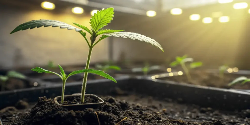 Glookies Auto sprout emerging in soil with warm sunlight and grow lights.