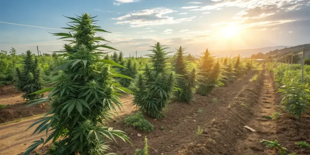 Tall GMO plants growing in outdoor rows under warm sunset light on a wide cultivated field.