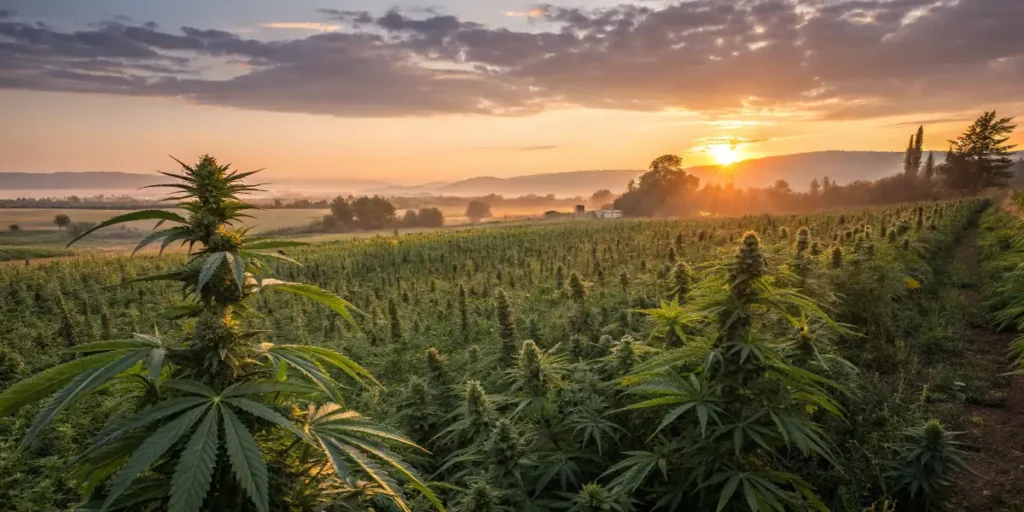 Thriving cannabis field nourished with JADAM Microbe Solution.