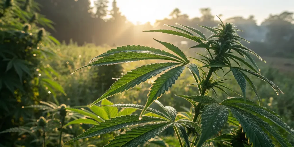 Close-up of cannabis leaves showing effects of JADAM Microbe Solution.
