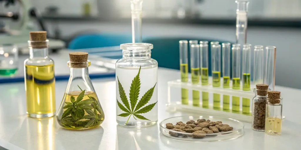 Laboratory setup comparing plant extracts and single cannabinoids.