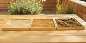 trays displaying different soil types including sand, silt, and clay for gardening comparison