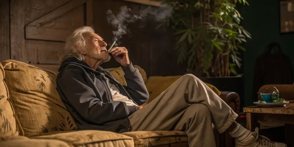 An elderly man smoking a cannabis joint while sitting on a sofa in a dimly lit living room.
