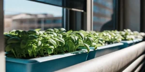 Fresh basil seedlings growing in blue containers on a sunny windowsill.